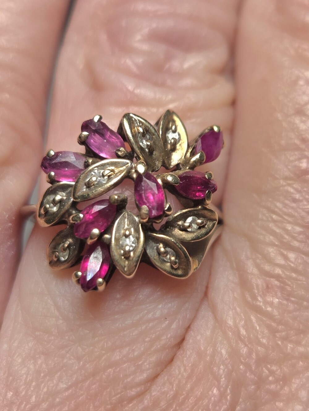 White Gold Band With 14k Gold  Floral Cluster Ruby And Diamond Ring Size 6